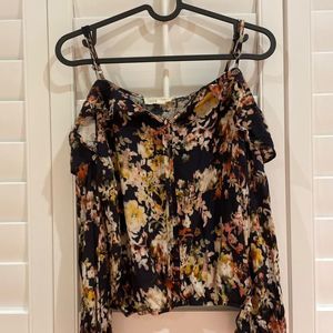 Floral Long Sleeve Ruffle Blouse With Front Tie Size S
